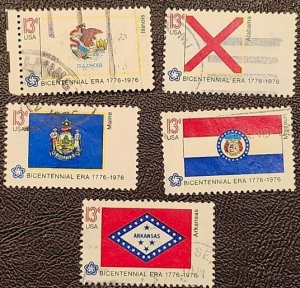 US Scott # 1653-1657; five 13c used Bicentennial Flags from 1976; VF/XF; ;