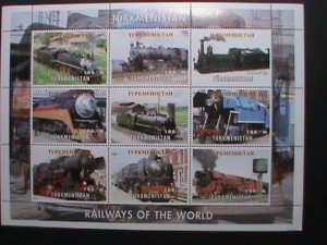 TURKMENISTAN STAMP-COLORFUL WORLD FAMOUS TRAINS-MNH SHEET-VF BEST QUALITY,