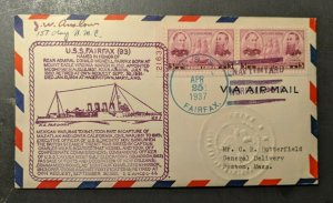 1937 USS Fairfax Navy Airmail Cover to Boston MA Navy Yard Norfolk Vir Cancel