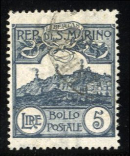 San Marino #75 Cat$300, 1903 5L slate, lightly cancelled, thin