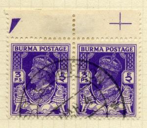 BURMA; 1938 GVI fine used MINOR PLATE FLAW VARIETY(Detailed in scan) on  3p.