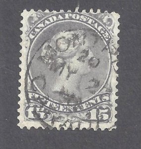 CANADA # 29 USED 15c DEEP GREY-VIOLET LARGE QUEEN MONTREAL CANCEL BS27630