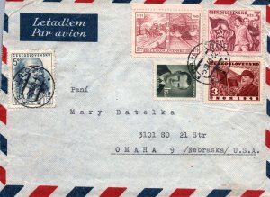 1949 CZECHOSLOVAKIA MULTI-COMBO FRANKING ENVELOPE TO NEBRASKA AIRMAIL