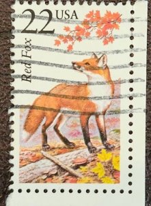 US Scott # 2335; used 22c Red Fox  from 1987; F/VF centering; off paper