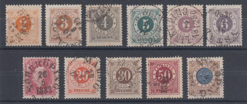 Sweden Sc 40-49, 44a used. 1886-91 Numerals with Post Horn on back, cplt set