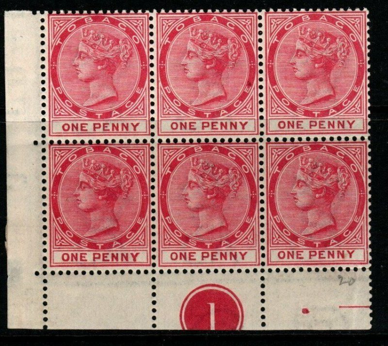 TOBAGO SG21 1889 1d CARMINE PLATE BLOCK OF 6 MNH(MTD IN MARGIN)