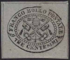 ITALY ROMAN STATES 1867 3¢ BLACK ON GRAY GLAZED PAPER W/BROKEN FRAME Sc.#13 CAT.