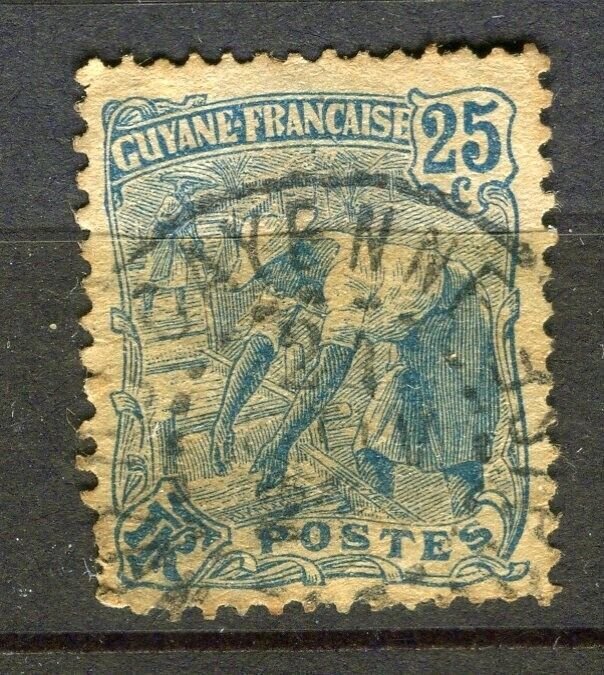 FRENCH COLONIES; GUYANE 1920s early Pictorial type used 25c. value + Postmark