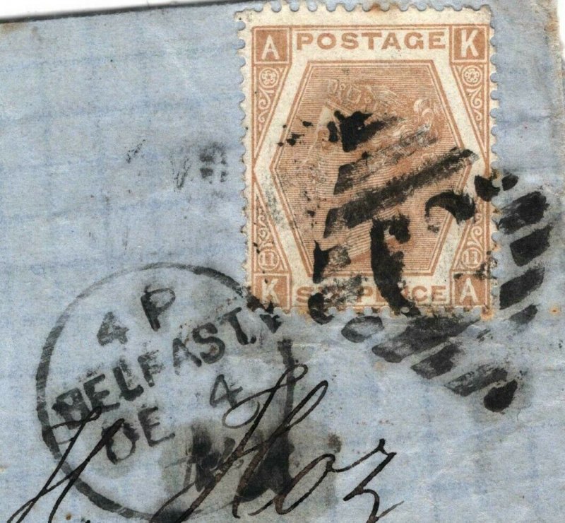 GB SG.123 Cover 6d Pale Buff Plate 11 USED IRELAND Belfast Duplex Cat £250+ BN70