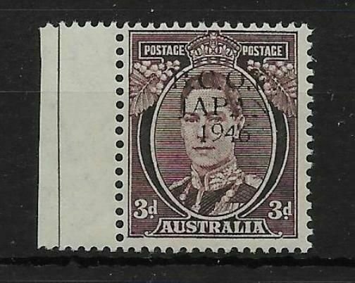 AUSTRALIA-B.C.O.F. SGJ3 1946 3d PURPLE-BROWN WITH BLACK TRIAL OVPT MNH