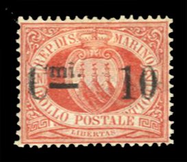 San Marino #27 Cat$67.50, 1892 10c on 20c vermilion, hinged