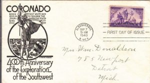 1940, 400th Anniv. Coronado Exploration of Southwest, Anderson, FDC (D14390)