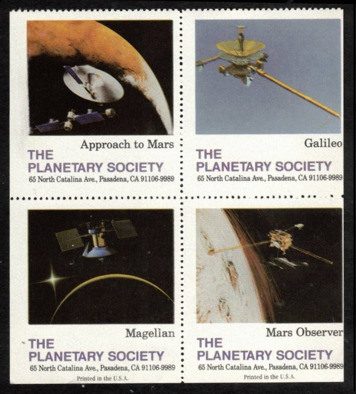 THE PLANETARY SOCIETY BLOCK OF 4 POSTER STAMPS MINT NO GUM, CINDERELLA