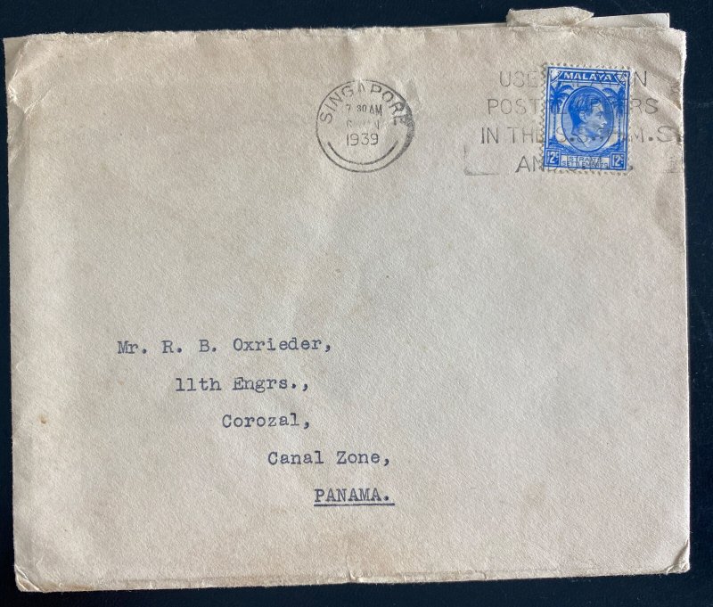 1939 Singapore Straits Settlements Cover To Corozal Canal Zone Panama W Card