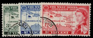 ST. VINCENT QEII SG201-203, 1958 Caribbean set, FINE USED.