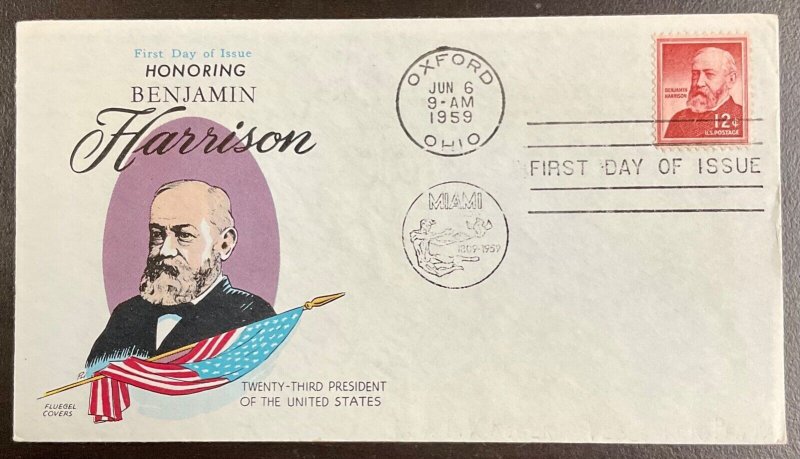 1045 Fluegel Multi-color cachet Benjamin Harrison FDC 1959 12c  Liberty Series