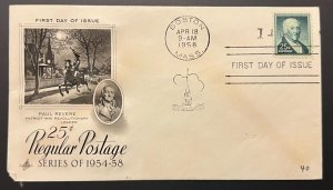 PAUL REVERE 25¢ POSTAGE #1048 APR 18 1958 BOSTON MA FIRST DAY COVER (FDC) BX4