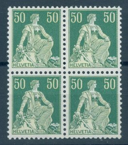 SWITZERLAND, 50 CENTIMES SITTING HELVETIA, GRILLED PAPER, NH BLOCK OF 4