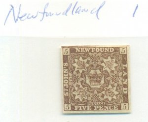 NEWFOUNDLAND #1, Mint Lightly Hinged, Scott $125.00