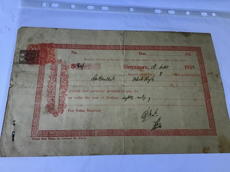 Singapore 1932 document with  revenue stamp  Ref R28506 