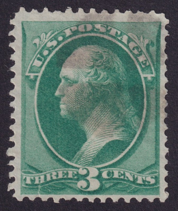 US 158 FROM 1873 3c green WASH. USED VERY FINE NO GRILL WITH SECRET MARK - G14U