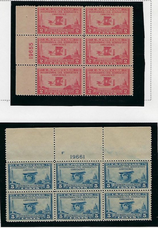 US #649-650 1928 AERONAUTICS CONFERENCE - PLATE# BLOCK OF 6  -MINT NEVER HIGED