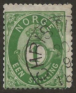 Norway 1872-75 Posthorn 1sk Blue Green #16c VG Used CV $105.00-