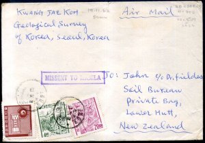 1962 Korea Airmail cover to New Zealand, commercial, Missent to Manila