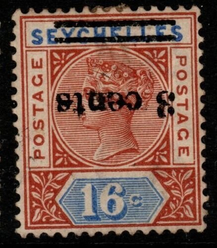 SEYCHELLES SG38a 1901 3c on 16c CHESTNUT & ULTRAMARINE SURCH INVERTED UNUSED 