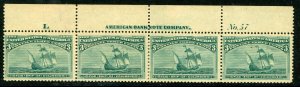 USA 1893 Columbian 3¢ Columbus Plate # Strip of 4 Scott # 232 Mint D79