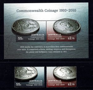 Australia 2010 Commonwealth Coinage Centenary  Set of 2 + Embellished MS MNH