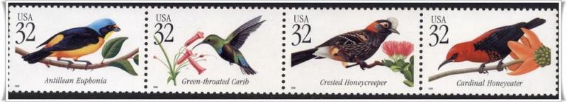 SC#3222-25 32¢ Tropical Birds Strip of Four (1998) MNH