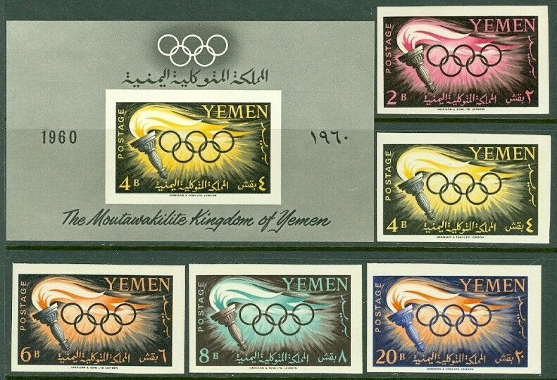 EDW1949SELL : YEMEN 1960 Sc #98-102 Olympic Imperf set & Imperf S/S MNH Cat $155