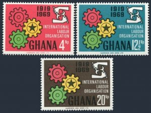 Ghana 375-377, MNH. Michel 386-388. ILO 50th Ann. 1970. Cogwheels.