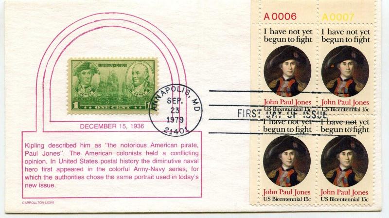 1789 John Paul Jones, Carrollton + 790, plate block, FDC