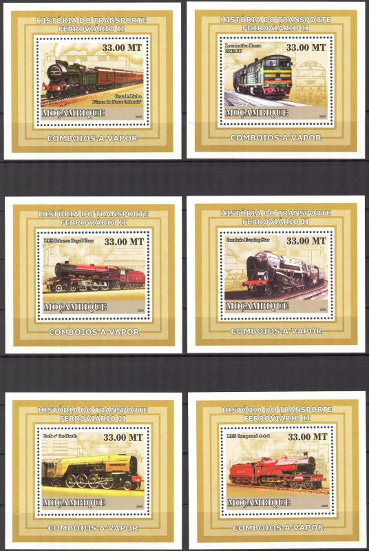 {419} Mozambique 2009 History of Trains IV 6 S/S Deluxe MNH**