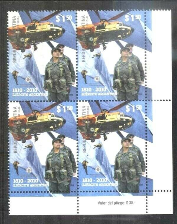 ARGENTINA 2010 MILITARIA 200° ANIV ARMY SOLDIER HELICOPTER BLOCx4 YV 2840 Mnh 