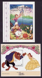 Disney-St Vincent-Sc#1776B,C-two unused NH sheets-Beauty & the Beast-1992-