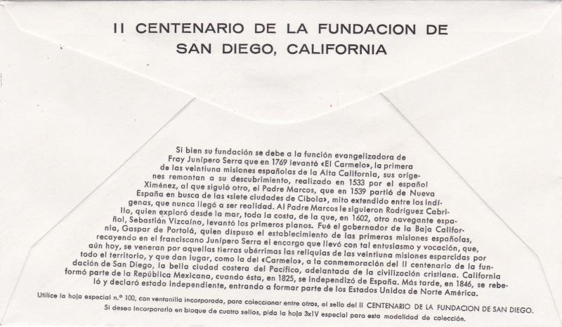 Spain 1969 Bicentenary of San Diego FDC Unadressed VGC