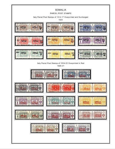 COLOR PRINTED ITALIAN SOMALIA 1903-1960 STAMP ALBUM PAGES (45 illustrated pages)