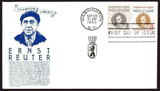1136-37 Ernst Reuter FDC Anderson blue cachet Sept 29, 1959