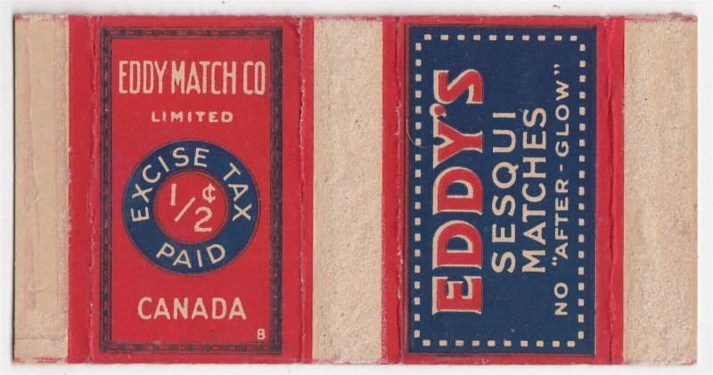 Canada Revenue 1/2¢ Excise Tax Matchbox EDDY'S SESQUI MATCHES X 4