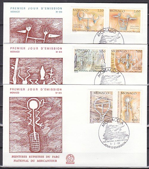 Monaco, Scott cat. 1654-1659. Prehistoric Wall Art issue. 3 First day covers. ^