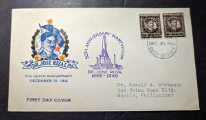 1946 Philippines First Day Cover FDC Manila PI Local Use Jose Rizal 50 Years