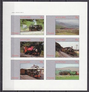 Grunay, Scotland Local. 1982 issue. Locomotives, IMPERF sheet of 6. ^