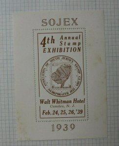 1939 SOJEX Assoc of S Jersey Stamp Club Walt Whitman Hotel Camden Souvenir Ad