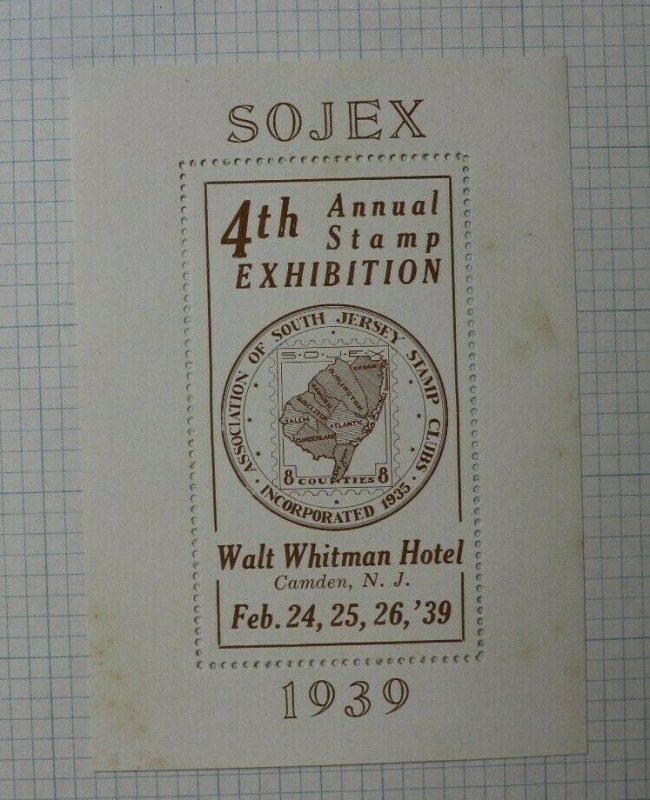 1939 SOJEX Assoc of S Jersey Stamp Club Walt Whitman Hotel Camden Souvenir Ad