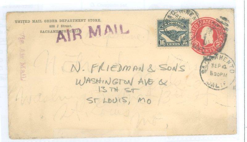 US C5/U429 C5 tied to U429 envelope, Sacramento, CA to St. Louis, MO.