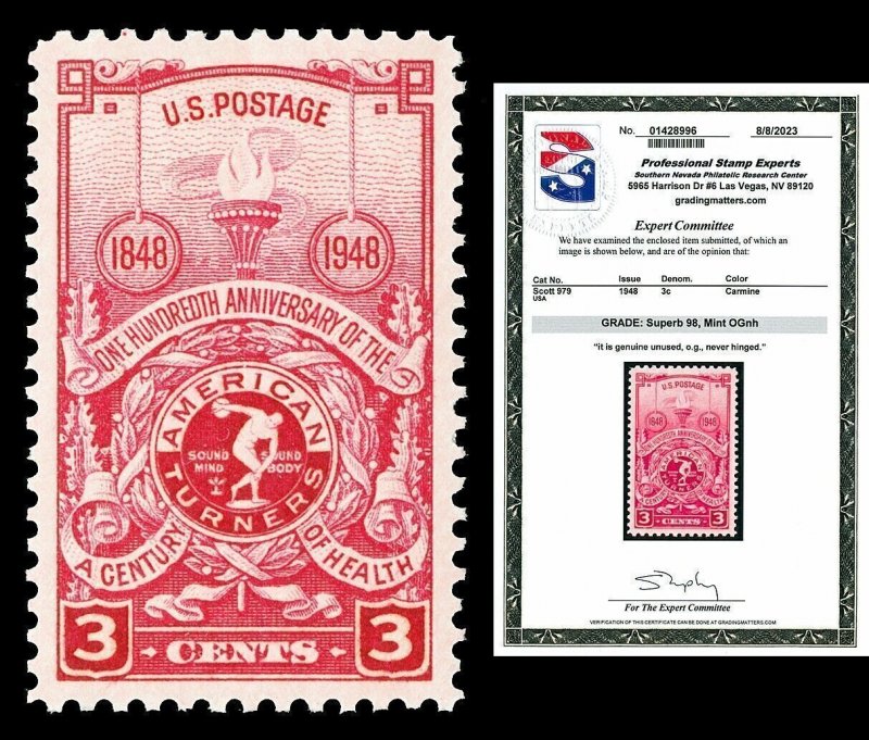 Scott 979 1948 3c American Turners Issue Mint Graded Superb 98 NH with PSE CERT