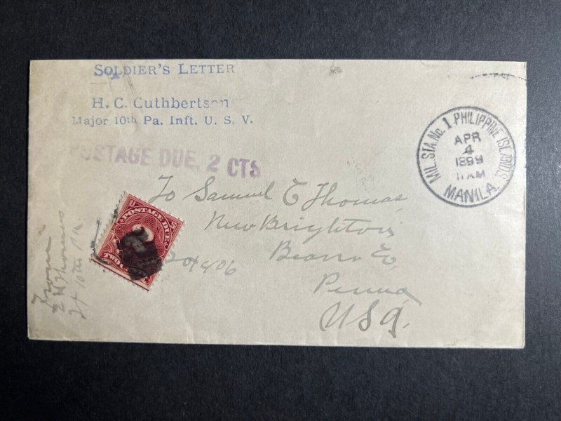 1899 Philippines USA Soldiers Mail Cover Spanish American War Postage Due